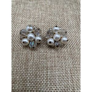 Vintage Multicolor Faux Pearl & Crystal Bead Cluster Clip-On Earrings